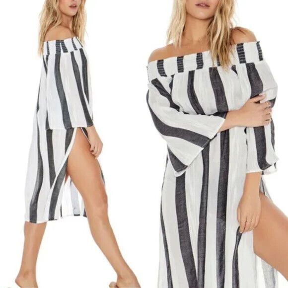 L*Space Izzy Striped Smocked Coverup Womens Size M Off The Shoulders Side Slits - Picture 1 of 10